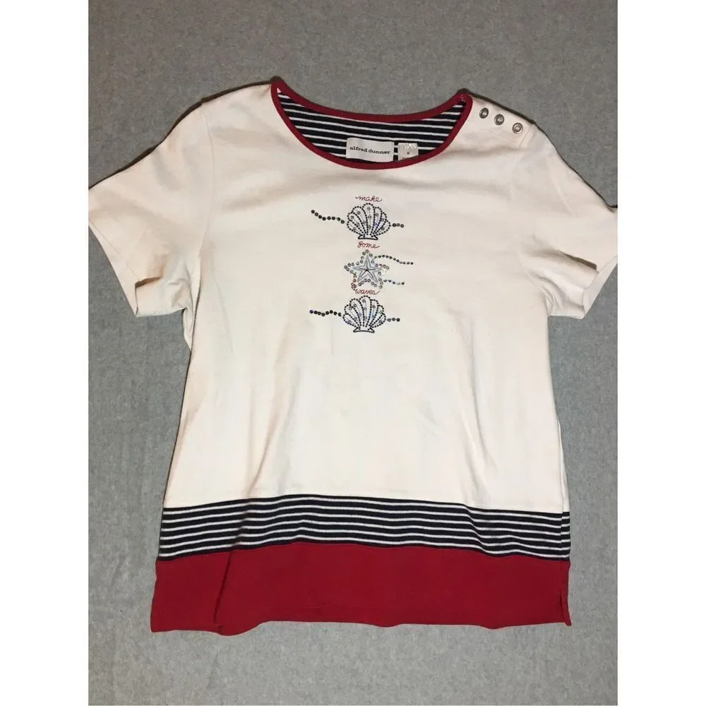 Womens Alfred Dunner Shirt Size Medium Patriotic Colors Beachy Coastal Grandma